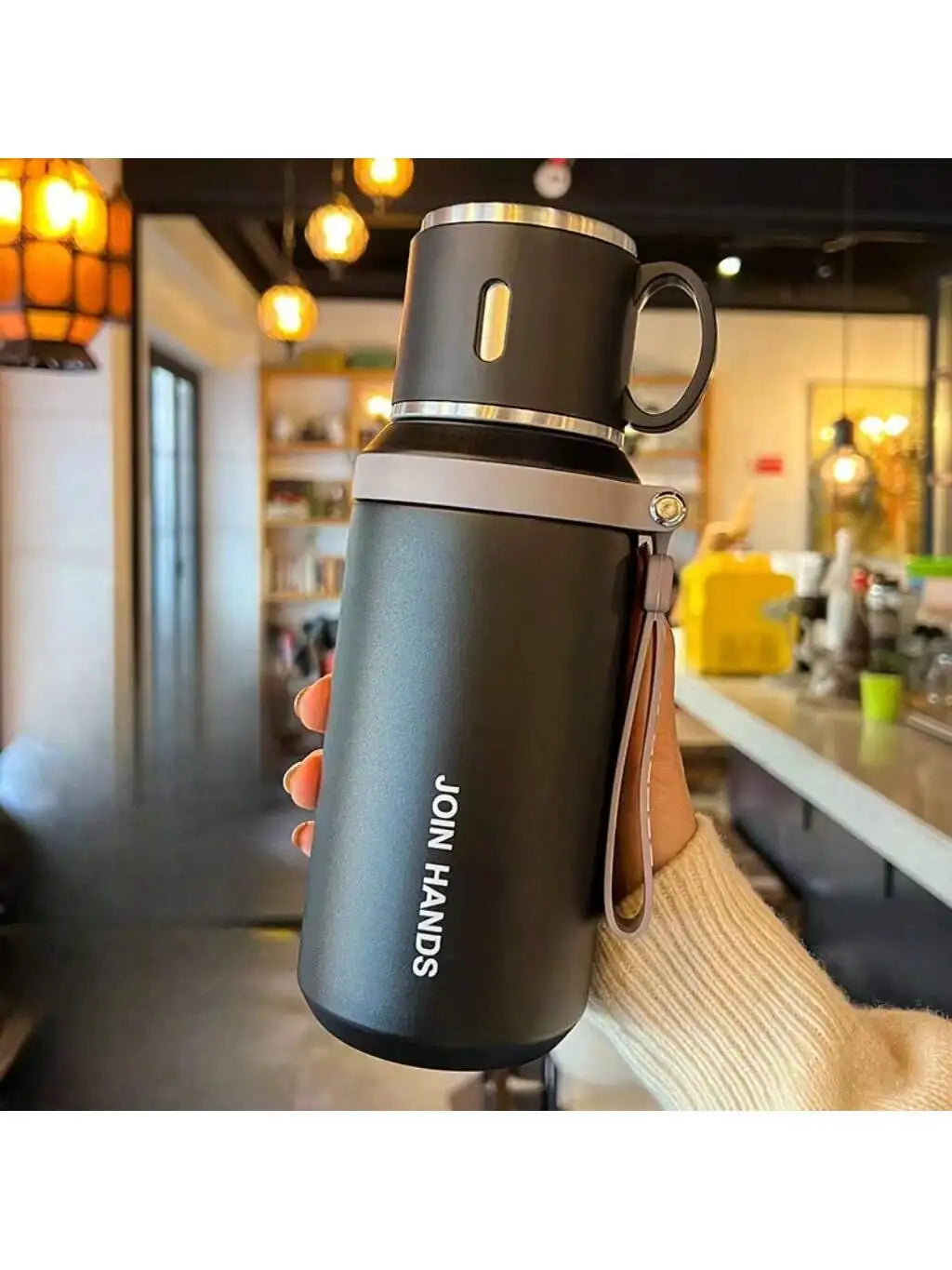 Stainless Steel Vacuum Insulated, Portable Thermal Water Bottle With Cup Lid & Carry Strap