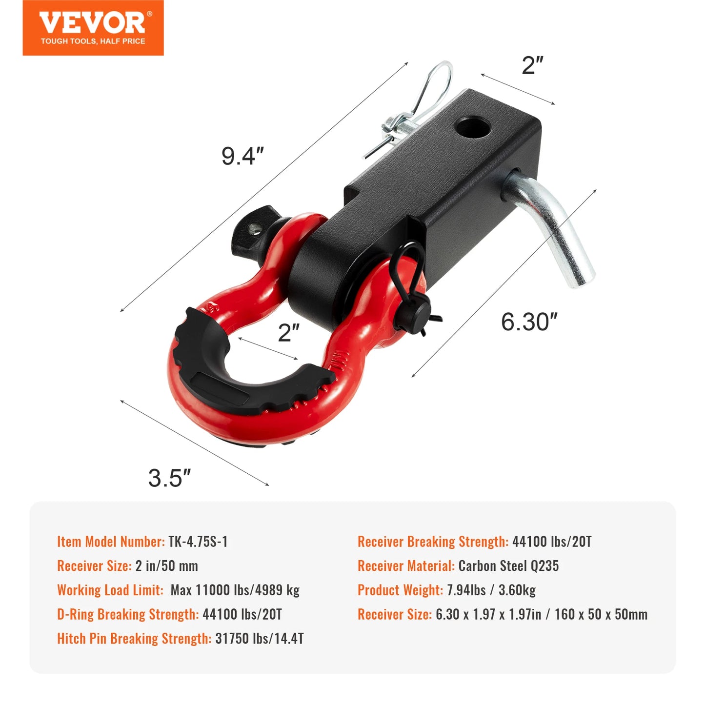 2in D-Ring Shackle Hitch Receiver with Trailer Hitch Lock Pin