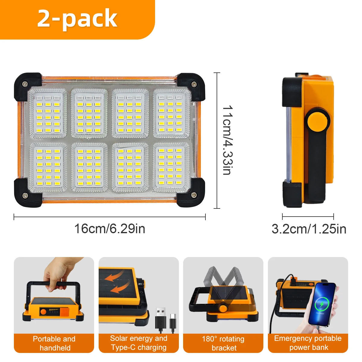 Rechargeable Solar LED Work Light – 3600mAh Portable Floodlight (1 or 2 Pack)
