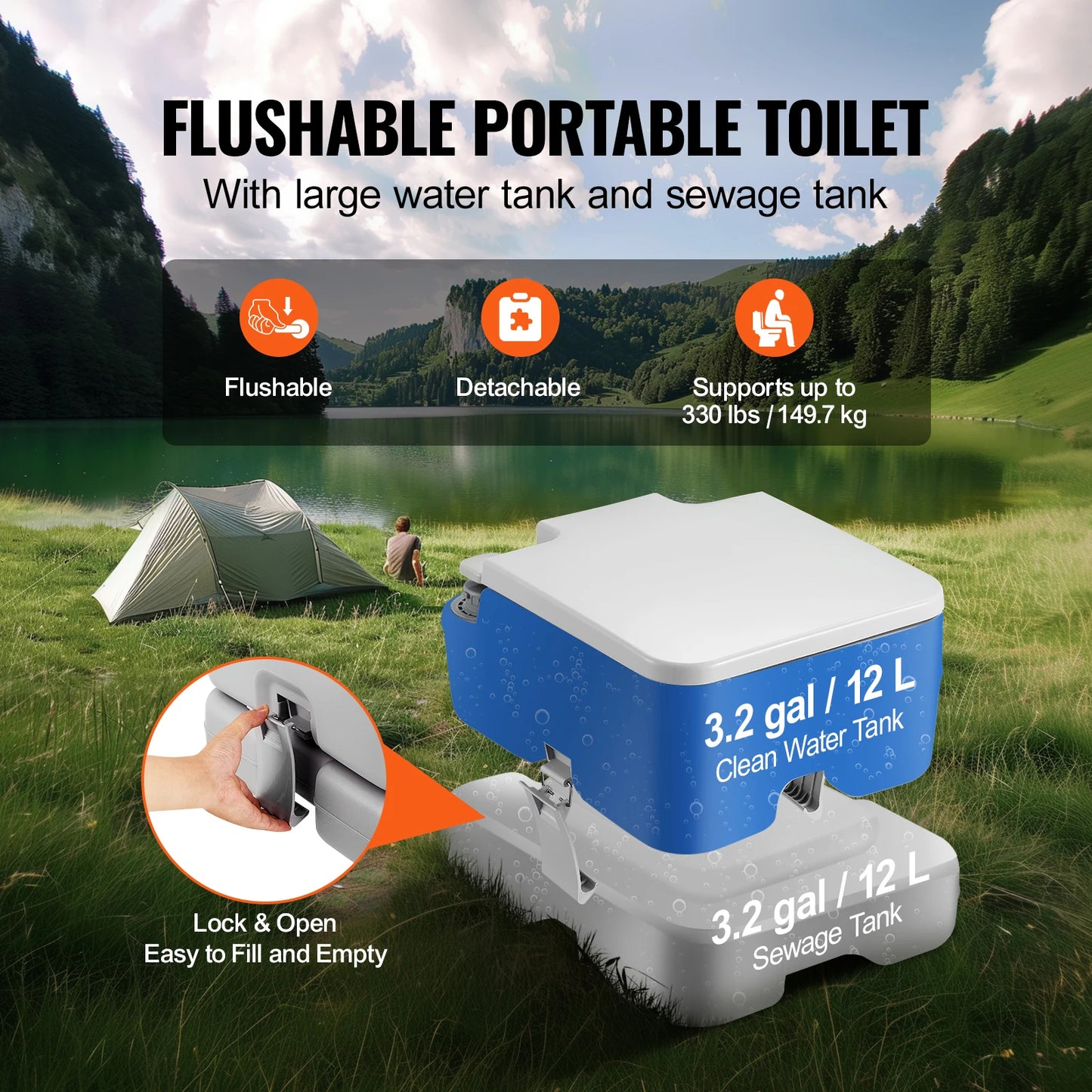 Portable Toilet for Camping Push-Button Pressurized Flush