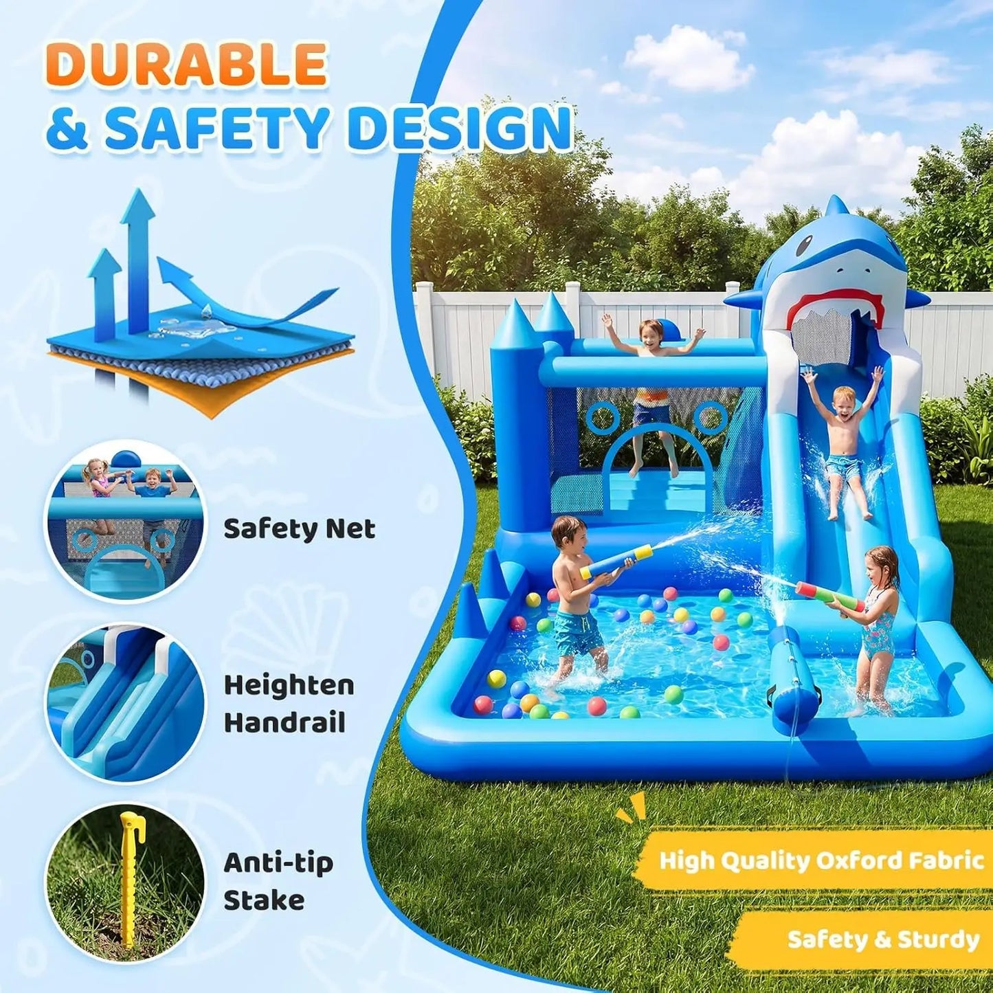 Inflatable Water Slide for Kids, 7-in-1 Bounce House with Splash Pool, Climbing Wall, Trampoline, Basketball Hoop & Water Cannons, Indoor Outdoor Bouncy Castle for Backyard Party, Blue