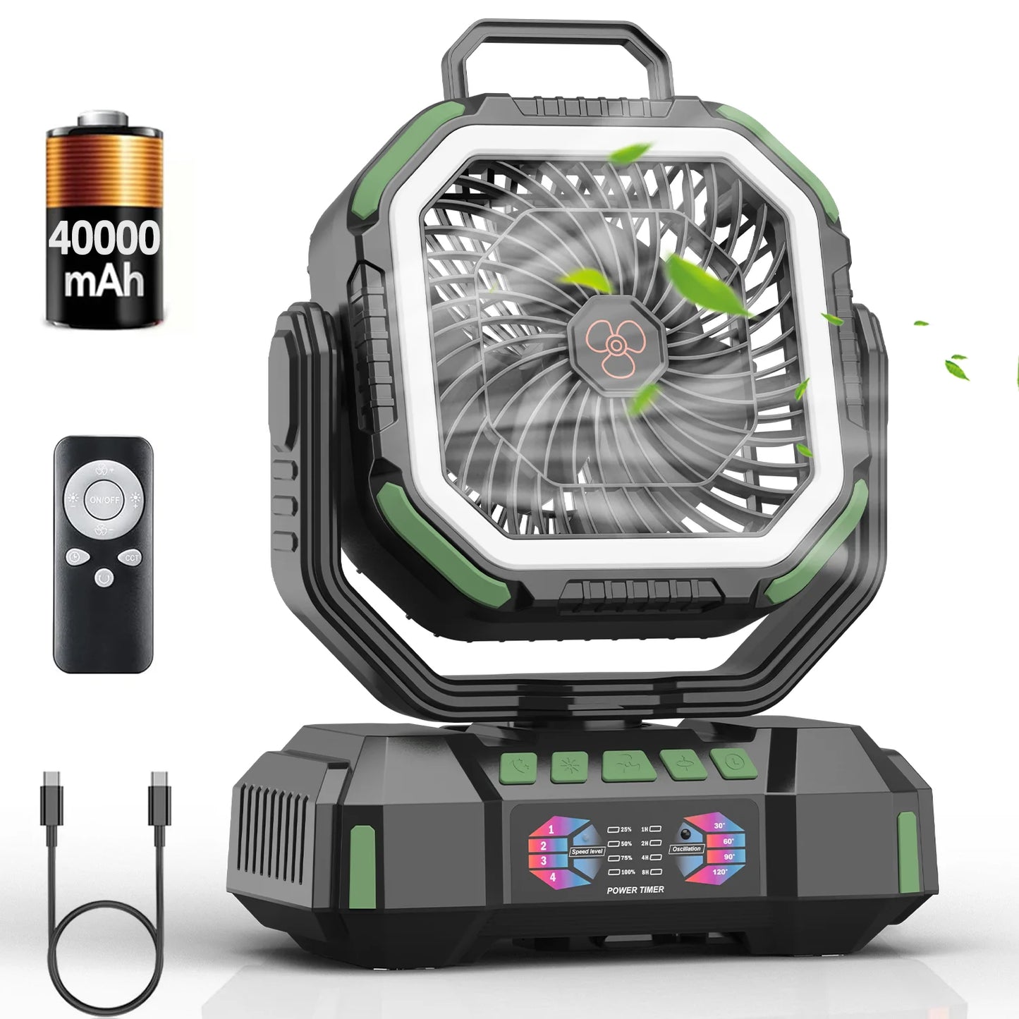 Portable Camping Fan Rechargeable 40000mAh Battery Operated Oscillating Fan USB C Battery Powered with LED Lantern, Head Rotation,Timer, Remote Auto, Hook for Tents Travel Outdoor Beach