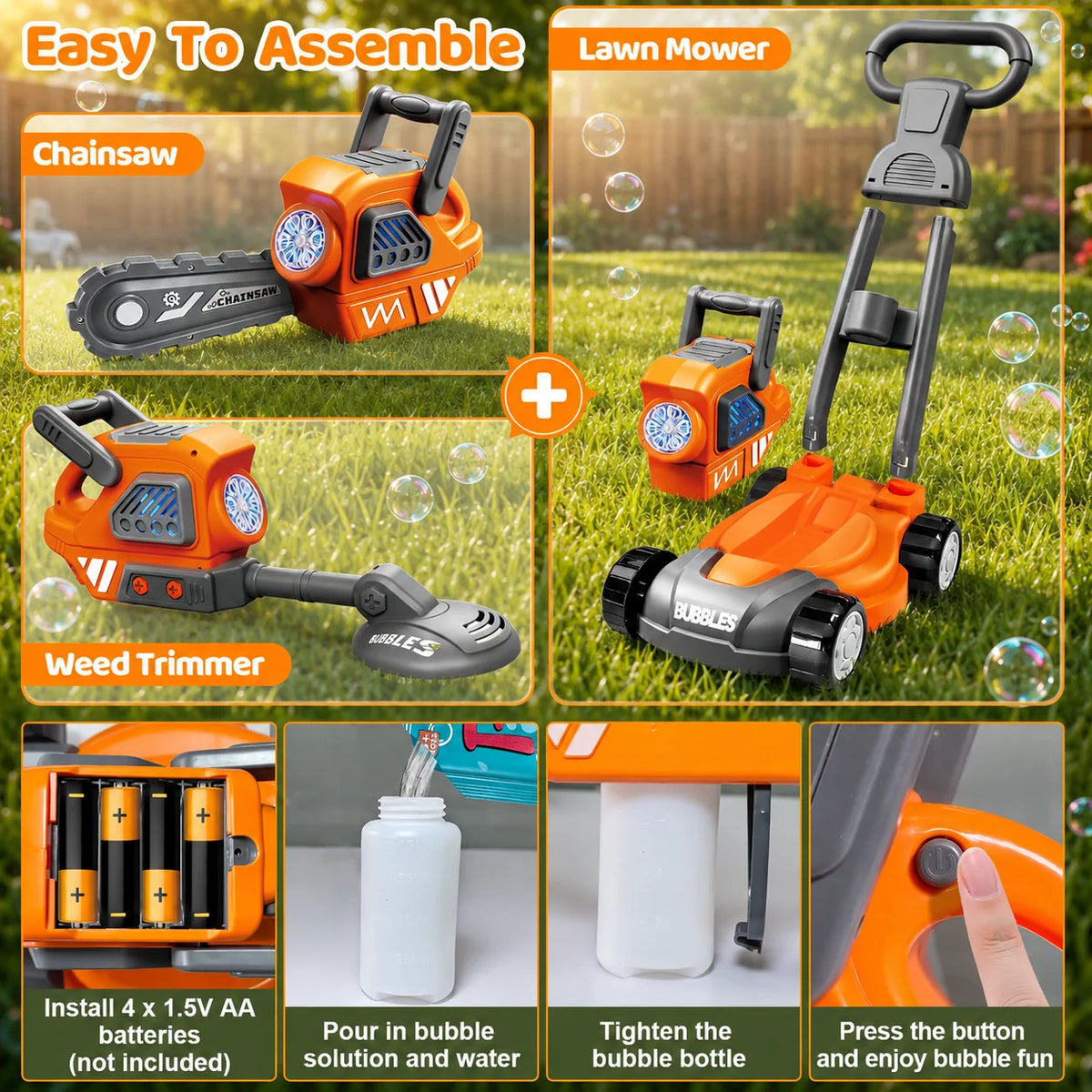 Hotfree 3-in-1 Bubble Lawn Mower for Kids with 10 Bubble Solutions