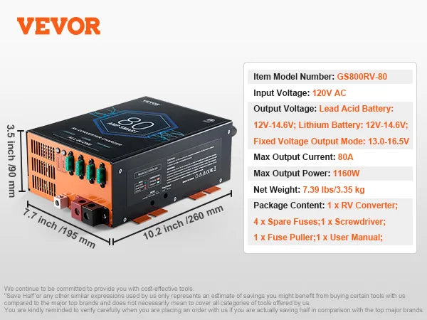 RV Converter 45/55/80Amp 110V AC to 12VDC Battery Charger 4Stage Smart Charging