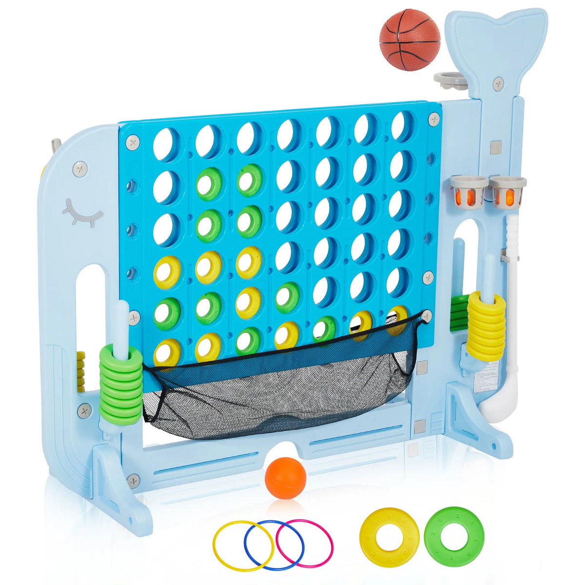 4-in-1 Giant Connect Four Yard Game Set with Basketball, Ring Toss & Net