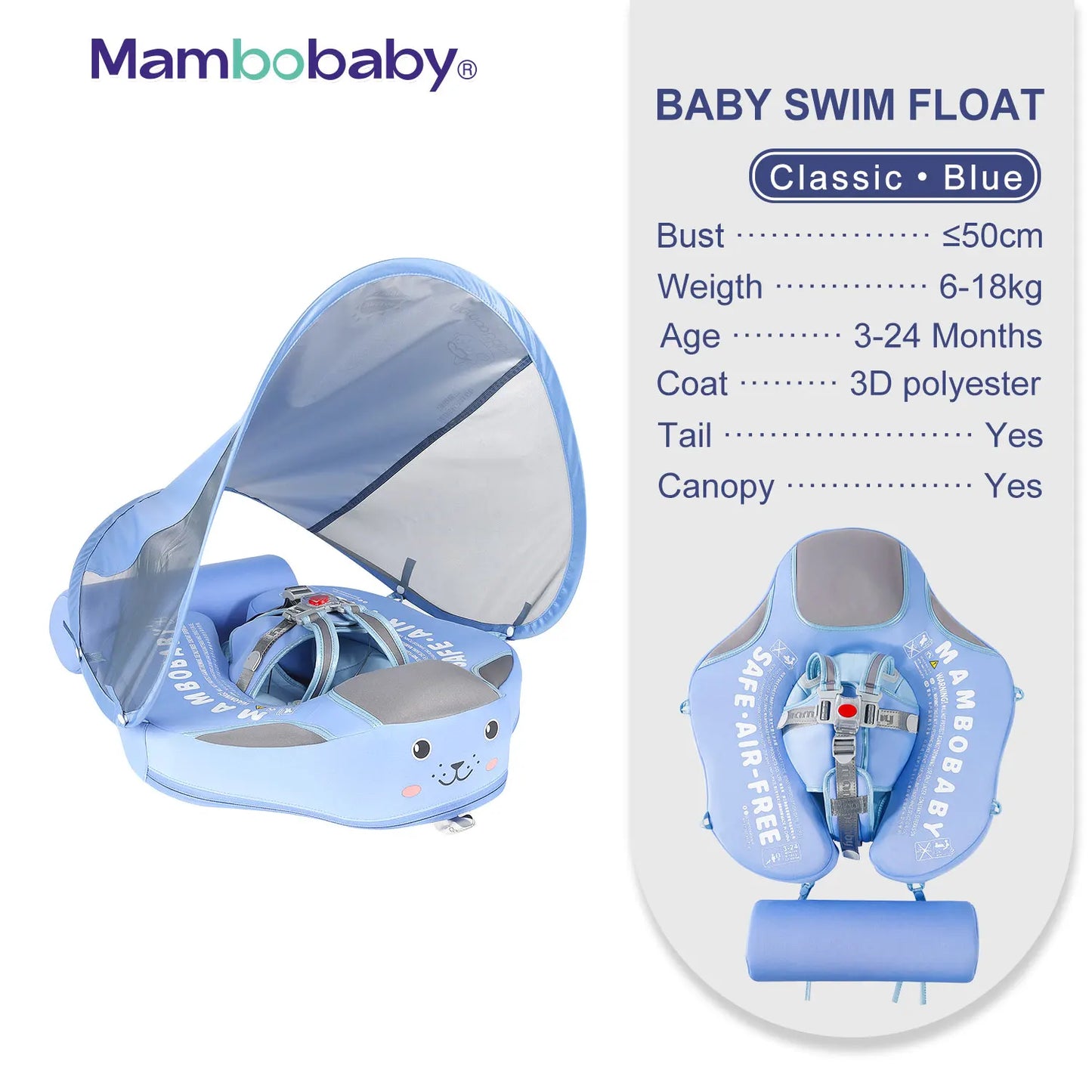 Baby Float with Sunshade Canopy and Crotch Strap Inflatable-free Safe Core Swimming Pool Accessory Bathroom Water Toy