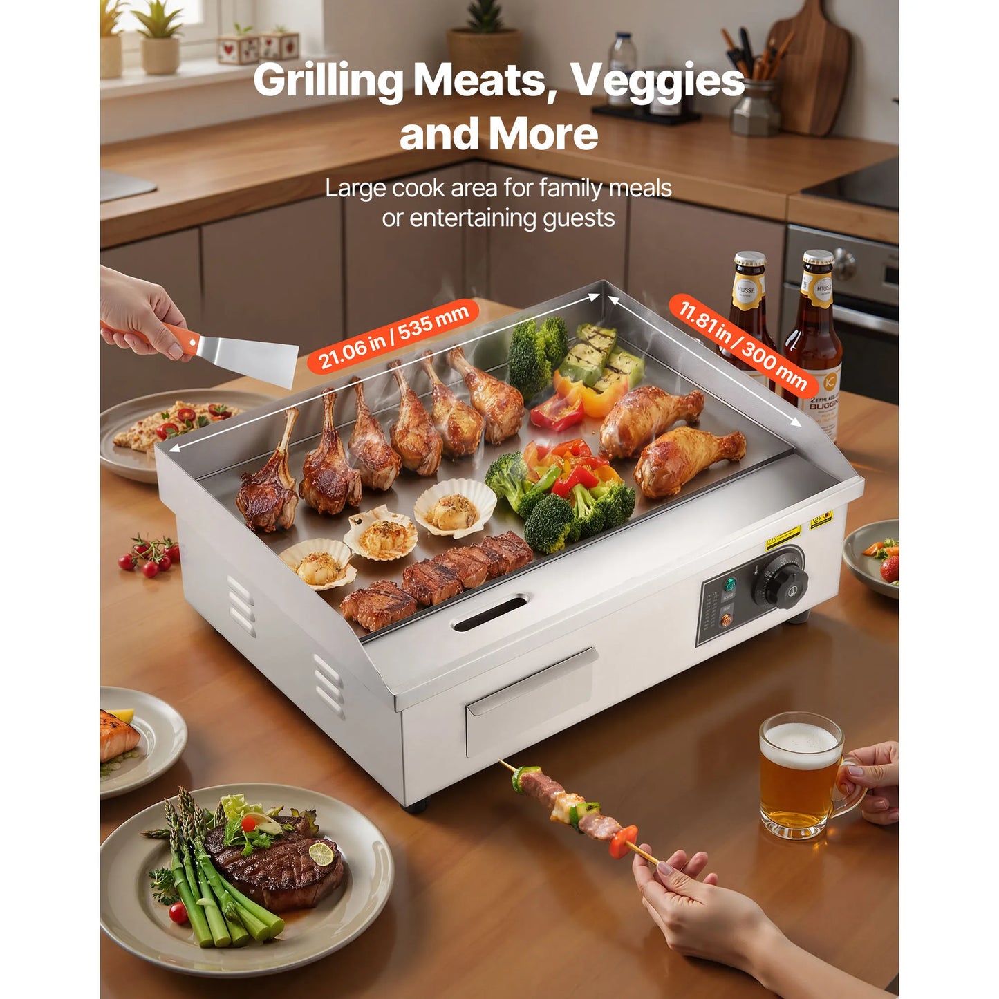 Stainless Steel Electric Griddle 50-300°C Adjustable Temp Control