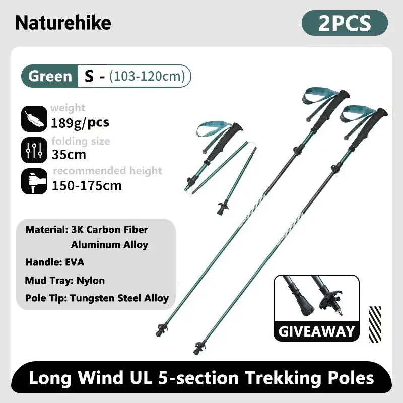 Naturehike Carbon Fiber Trekking Poles 5 Sections Portable Folding Climbing Sticks Outdoor Hiking Collapsible Walking Sticks