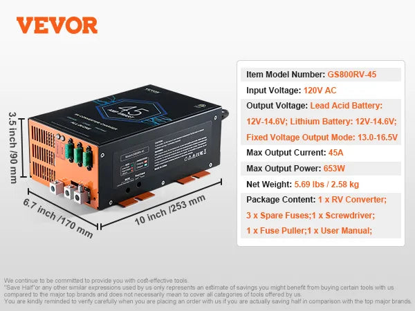 RV Converter 45/55/80Amp 110V AC to 12VDC Battery Charger 4Stage Smart Charging