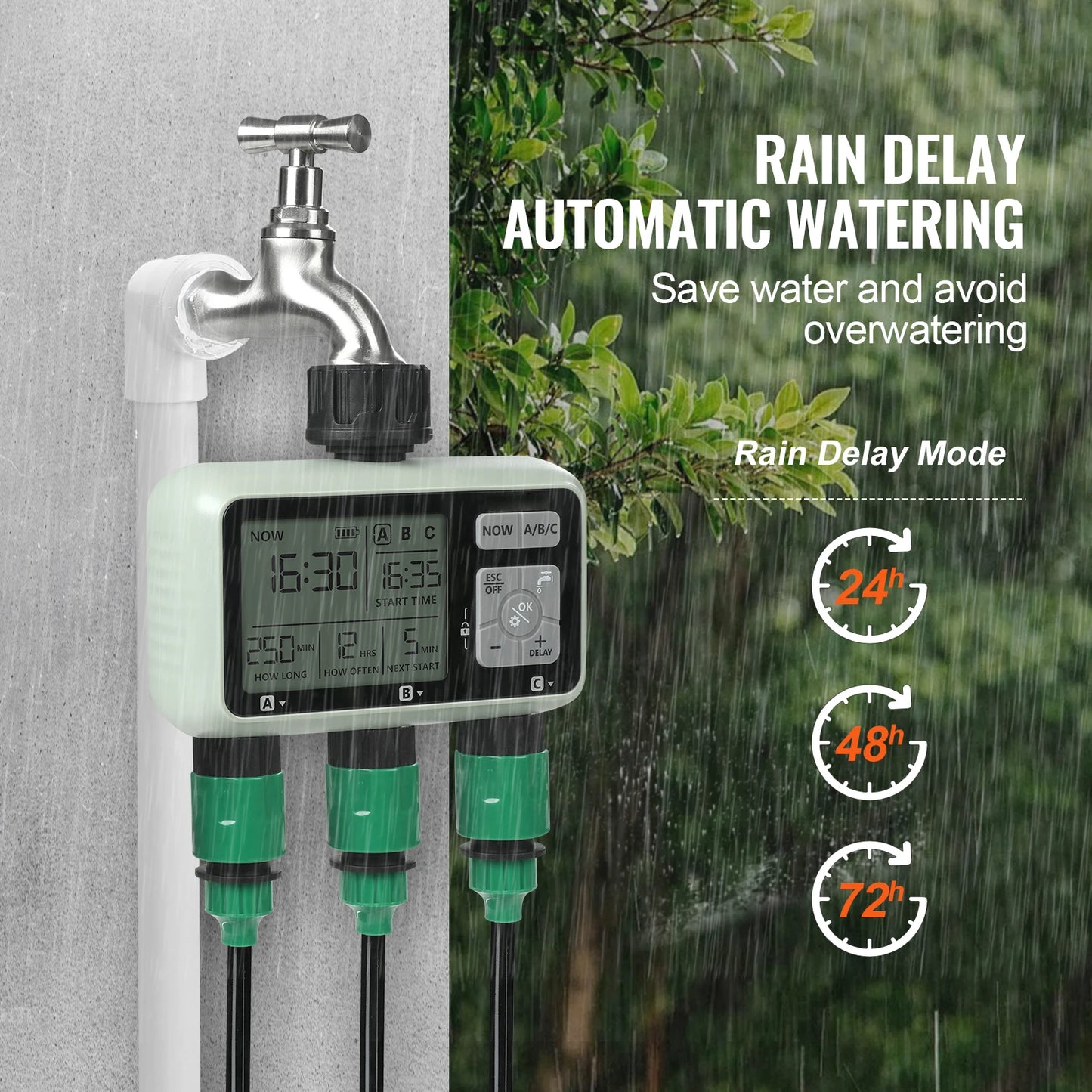 Water Timer 3 Outlets Hose 3 Independent Watering Zone LCD Display Rain Delay Mode Manual Mode