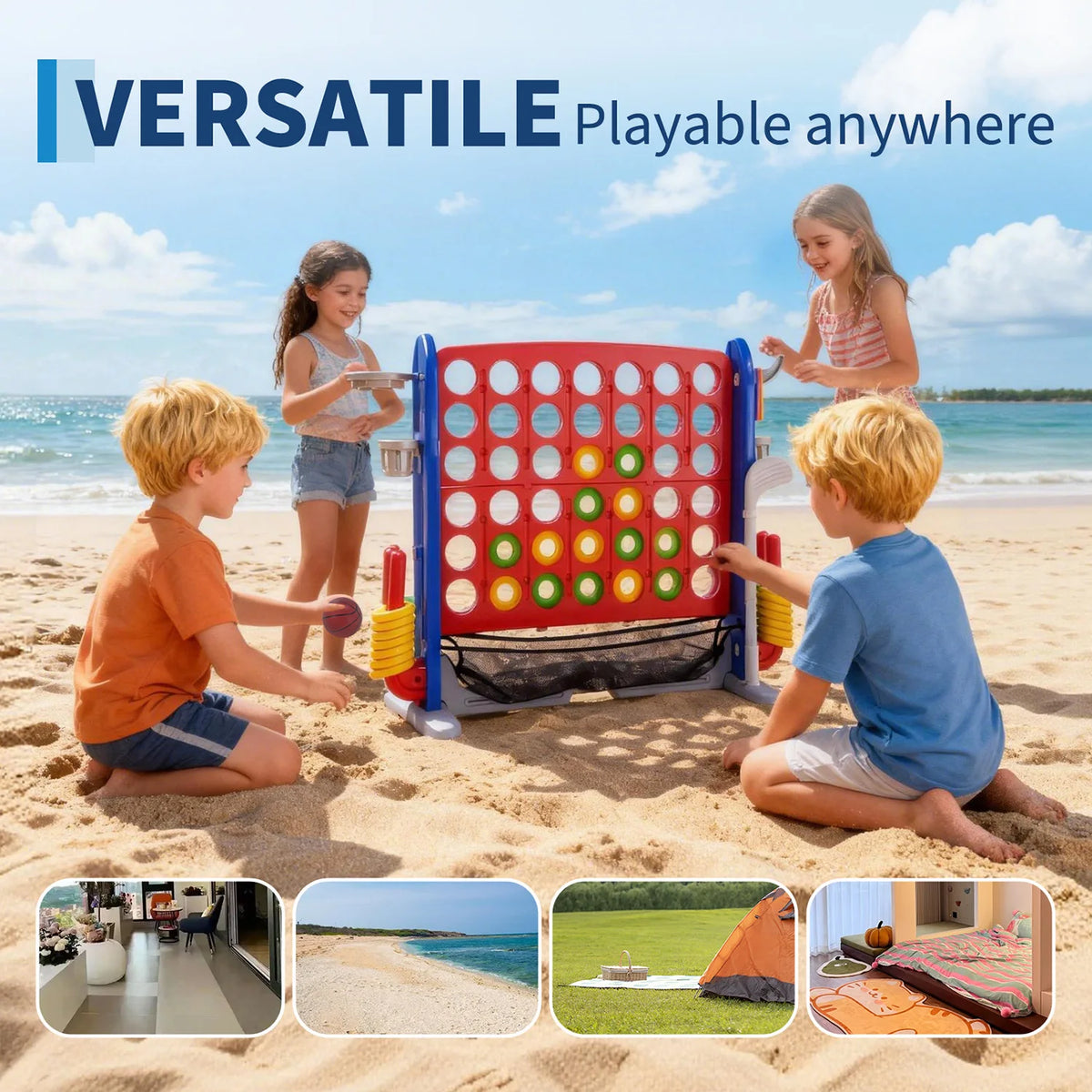 4-in-1 Giant Connect Four Yard Game Set with Basketball, Ring Toss & Net