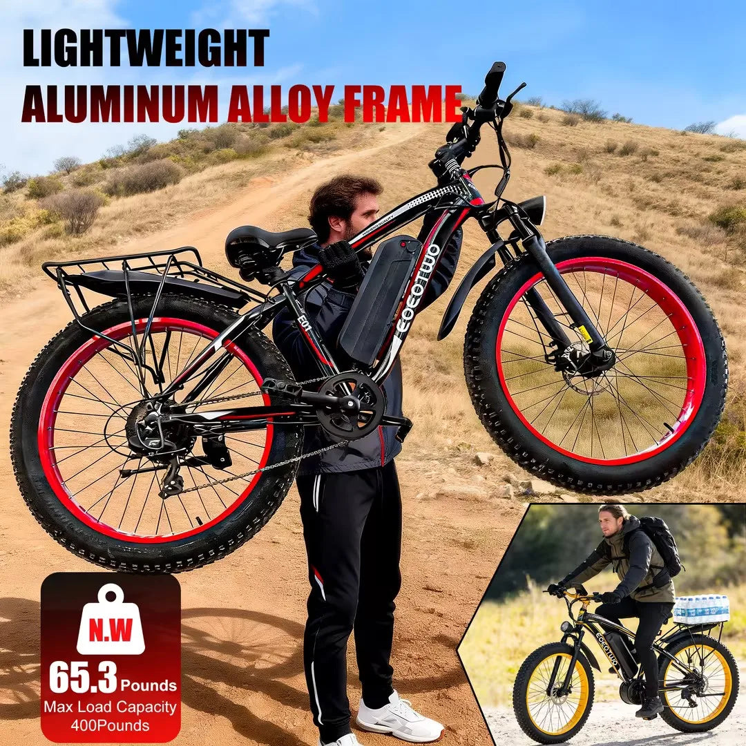26" Fat Tire Electric Bike – 1000W Motor, 48V 15Ah Battery
