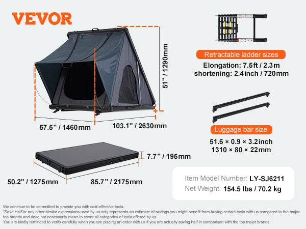 Rooftop Tent Hard Shell Roof Top with Telescopic Ladder with Thick Mattress Waterproof Windproof for Jeep Van Pickup Truck