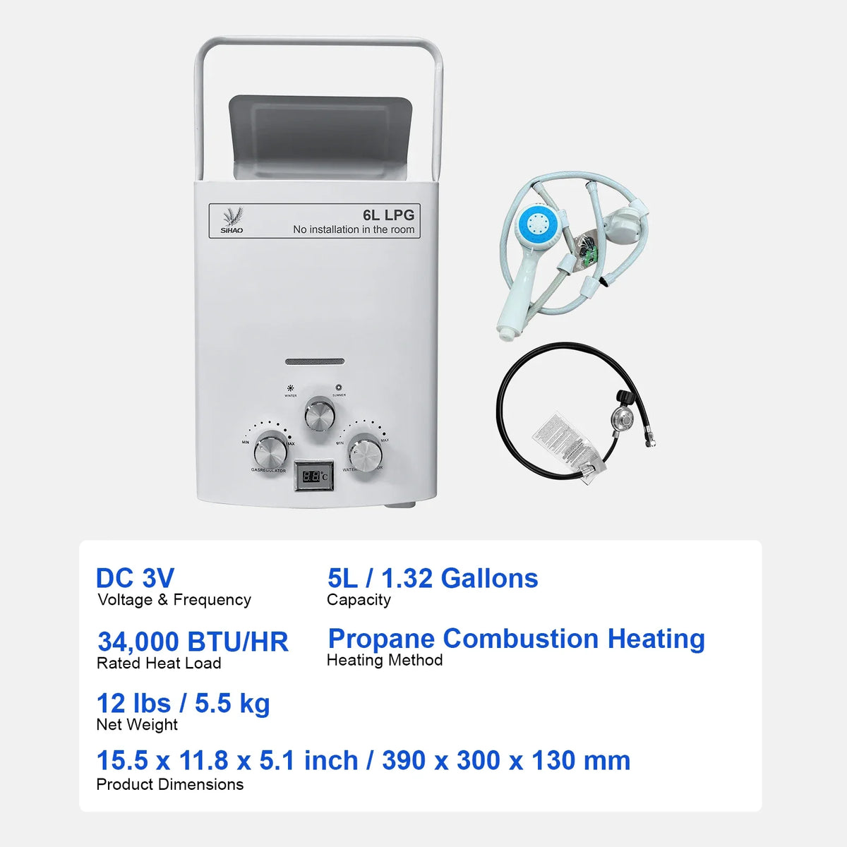 SIHAO 6L Portable Tankless LPG Water Heater – Digital Display for Outdoor Use