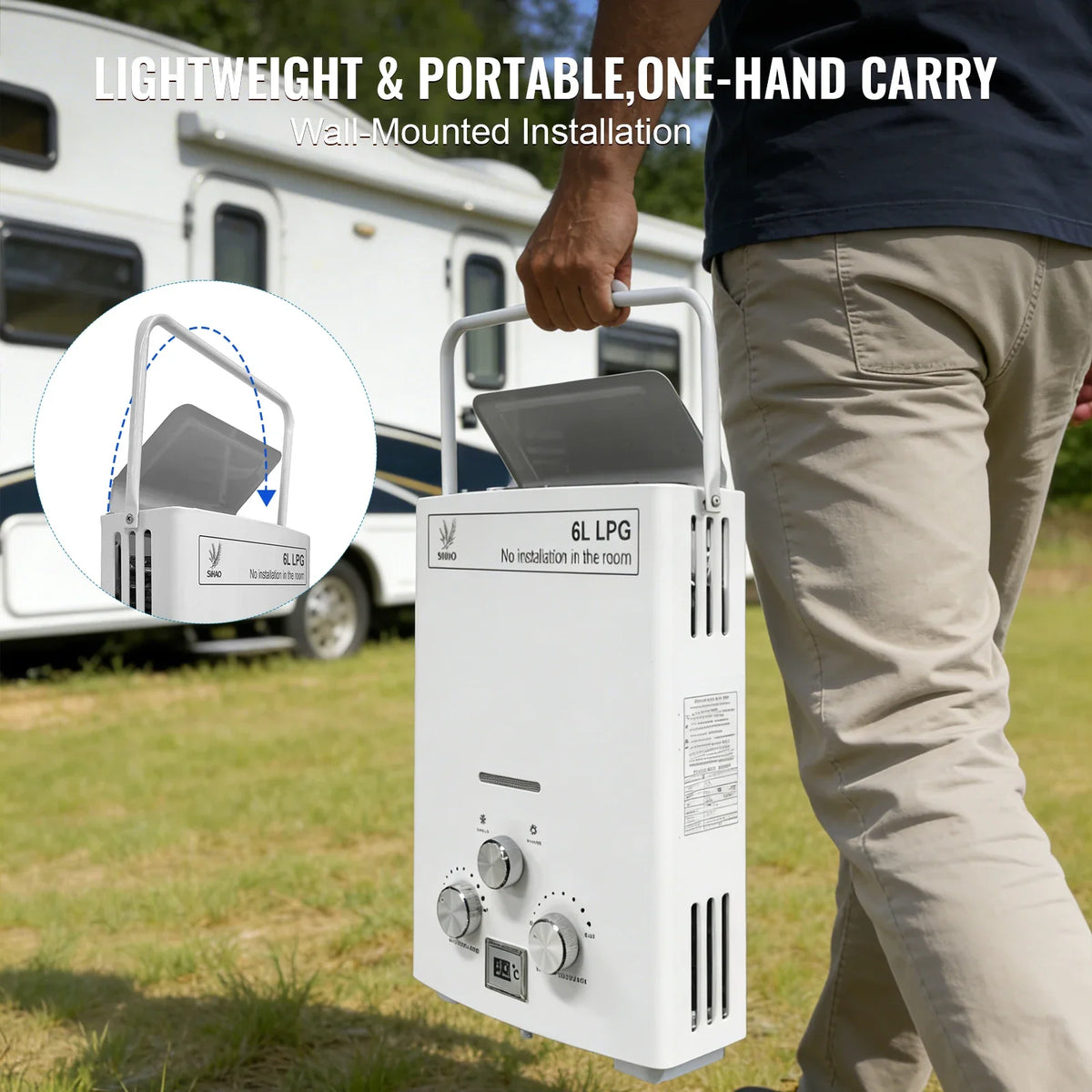 SIHAO 6L Portable Tankless LPG Water Heater – Digital Display for Outdoor Use