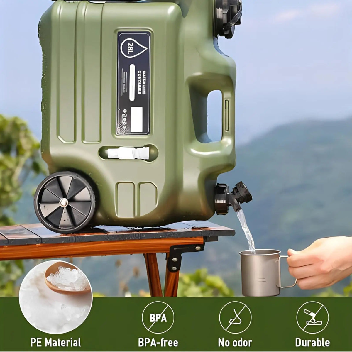 28L Portable Camping Water Container with Wheels & Dispensing Faucet