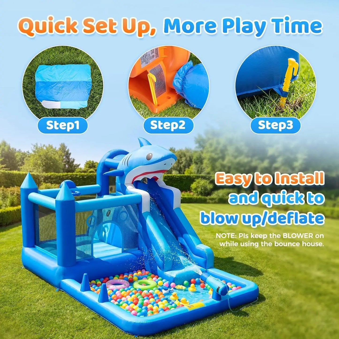 Inflatable Water Slide for Kids, 7-in-1 Bounce House with Splash Pool, Climbing Wall, Trampoline, Basketball Hoop & Water Cannons, Indoor Outdoor Bouncy Castle for Backyard Party, Blue