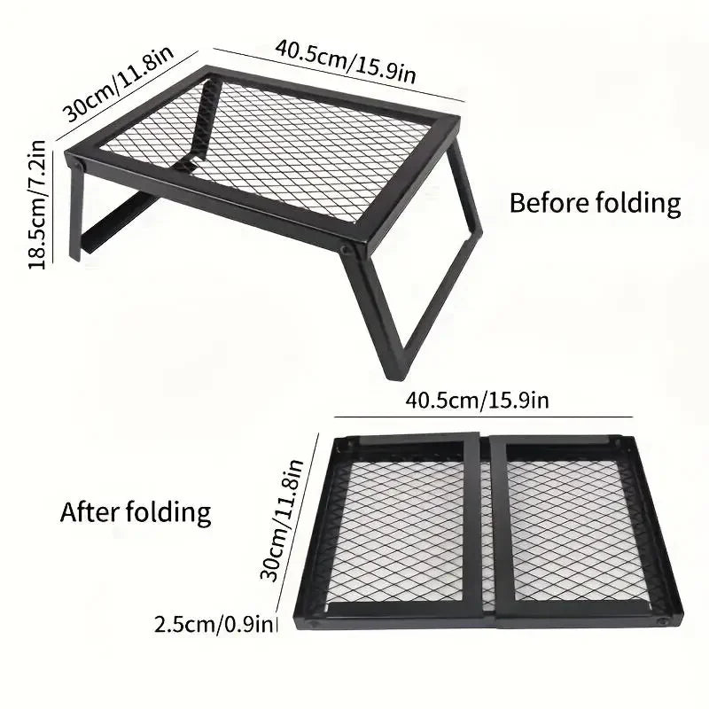 Portable Foldable Campfire Grill Set 40x30cm 16x12in Heavy Duty Steel Barbecue Grate with Folding Legs & BBQ Tongs Outdoor Over Fire Camp Cooking Rack for Backyard Bonfire Picnic Camping Fire Pit Accessories
