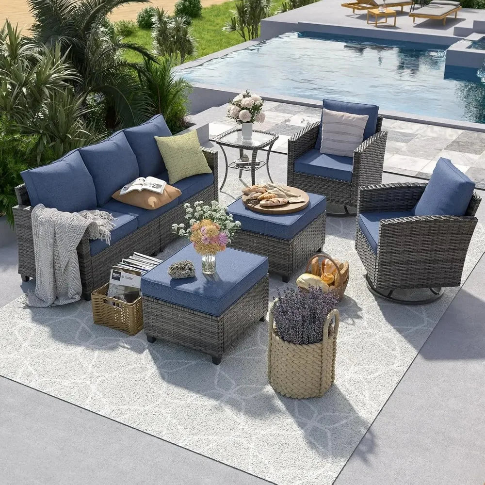 Patio Furniture Set, 6 Pieces Sectional Couch with Swivel Rocking Chair