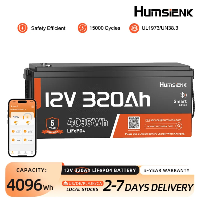 12V 320Ah Rechargeable Lithium Battery, Capacity 4096Wh, Built-in Bluetooth & 250A BMS, 15000+ Deep Cycle & 12V LiFePO4 Battery