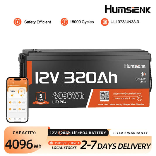 12V 320Ah Rechargeable Lithium Battery, Capacity 4096Wh, Built-in Bluetooth & 250A BMS, 15000+ Deep Cycle & 12V LiFePO4 Battery
