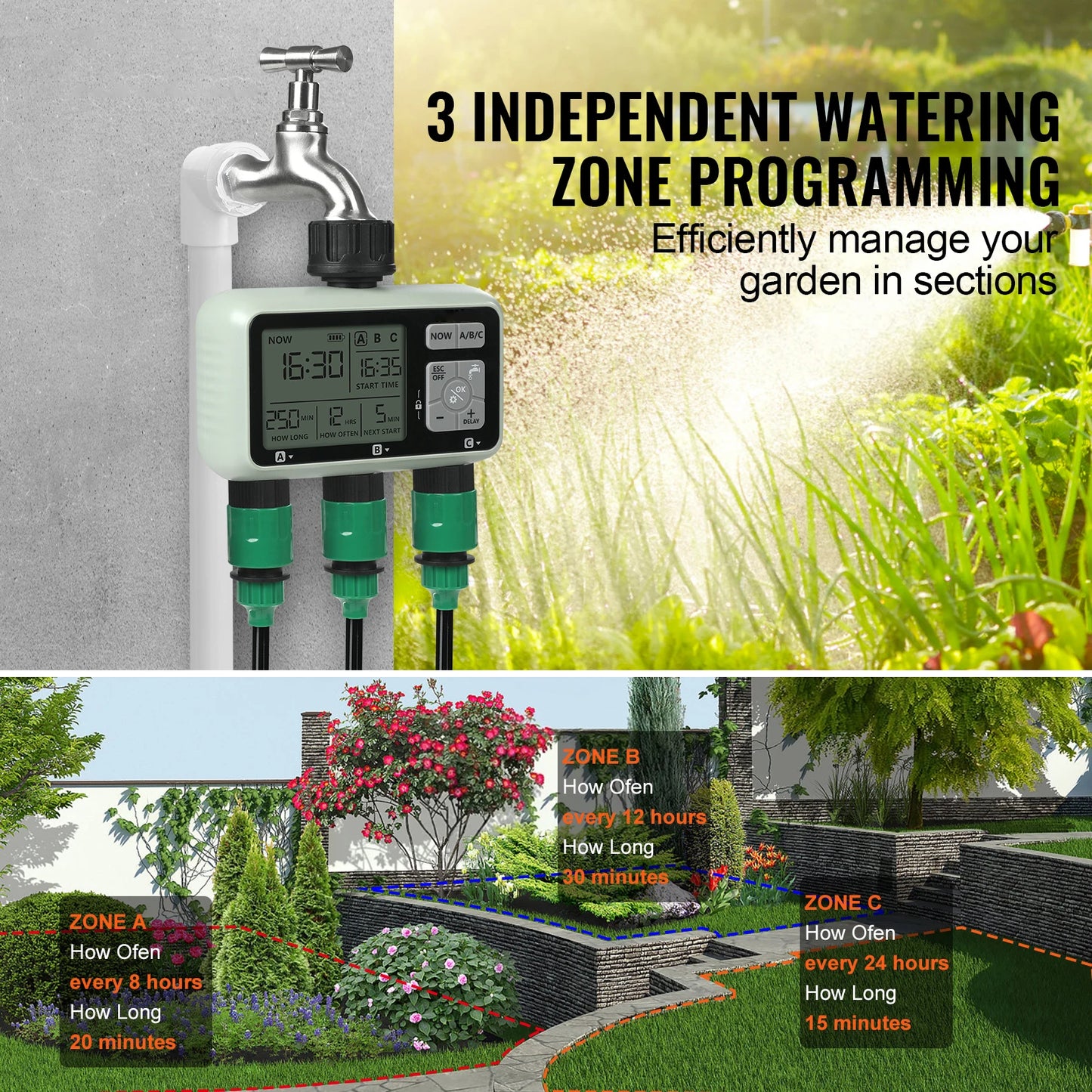 Water Timer 3 Outlets Hose 3 Independent Watering Zone LCD Display Rain Delay Mode Manual Mode