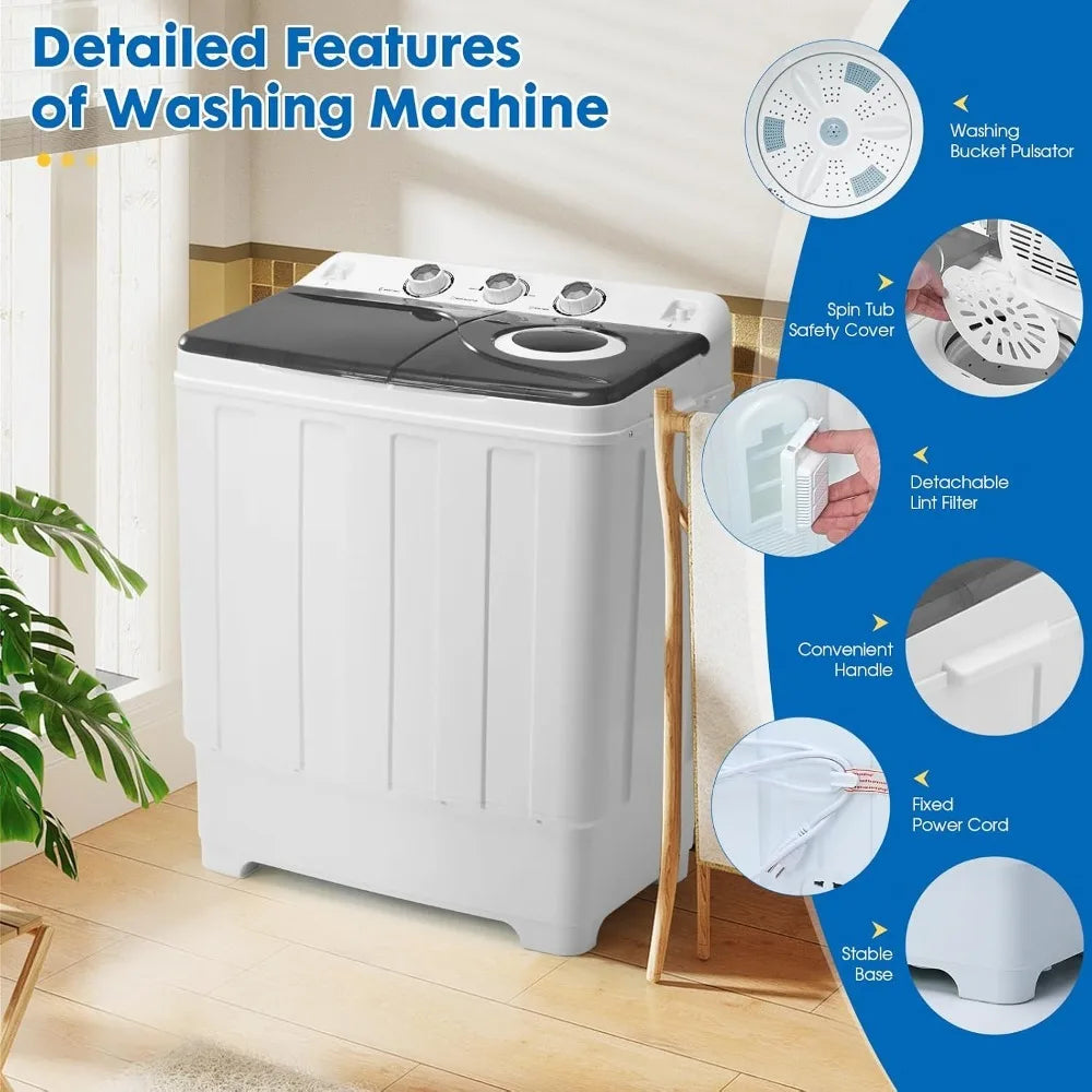 28 lb Portable Twin Tub Washing Machine with Spin Dryer & Drain Pump – Grey