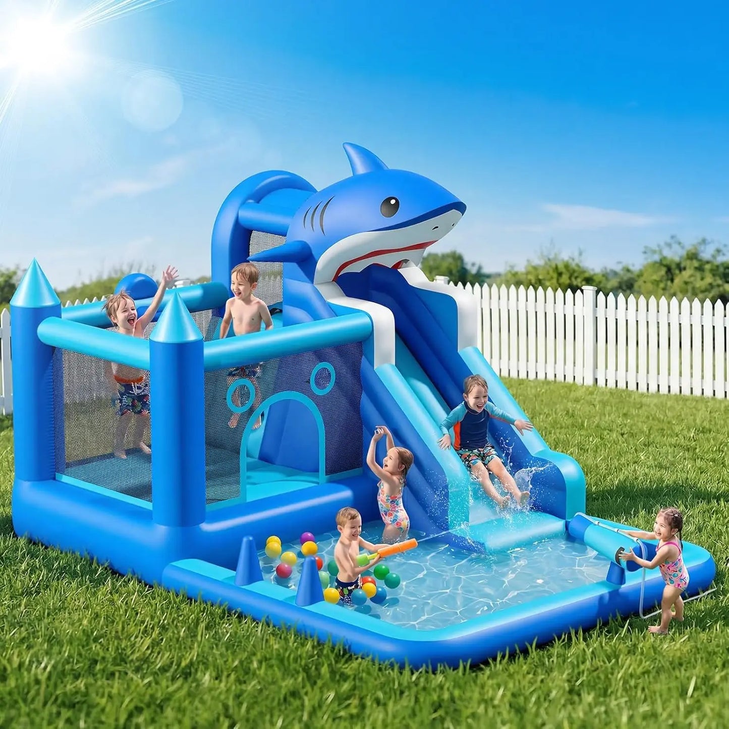 Inflatable Water Slide for Kids, 7-in-1 Bounce House with Splash Pool, Climbing Wall, Trampoline, Basketball Hoop & Water Cannons, Indoor Outdoor Bouncy Castle for Backyard Party, Blue