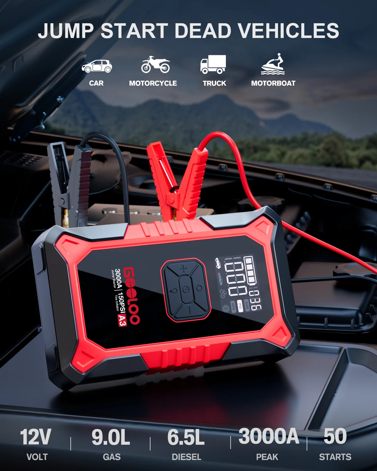 GOOLOO A3 3000A Jump Starter with 150 PSI Air Compressor