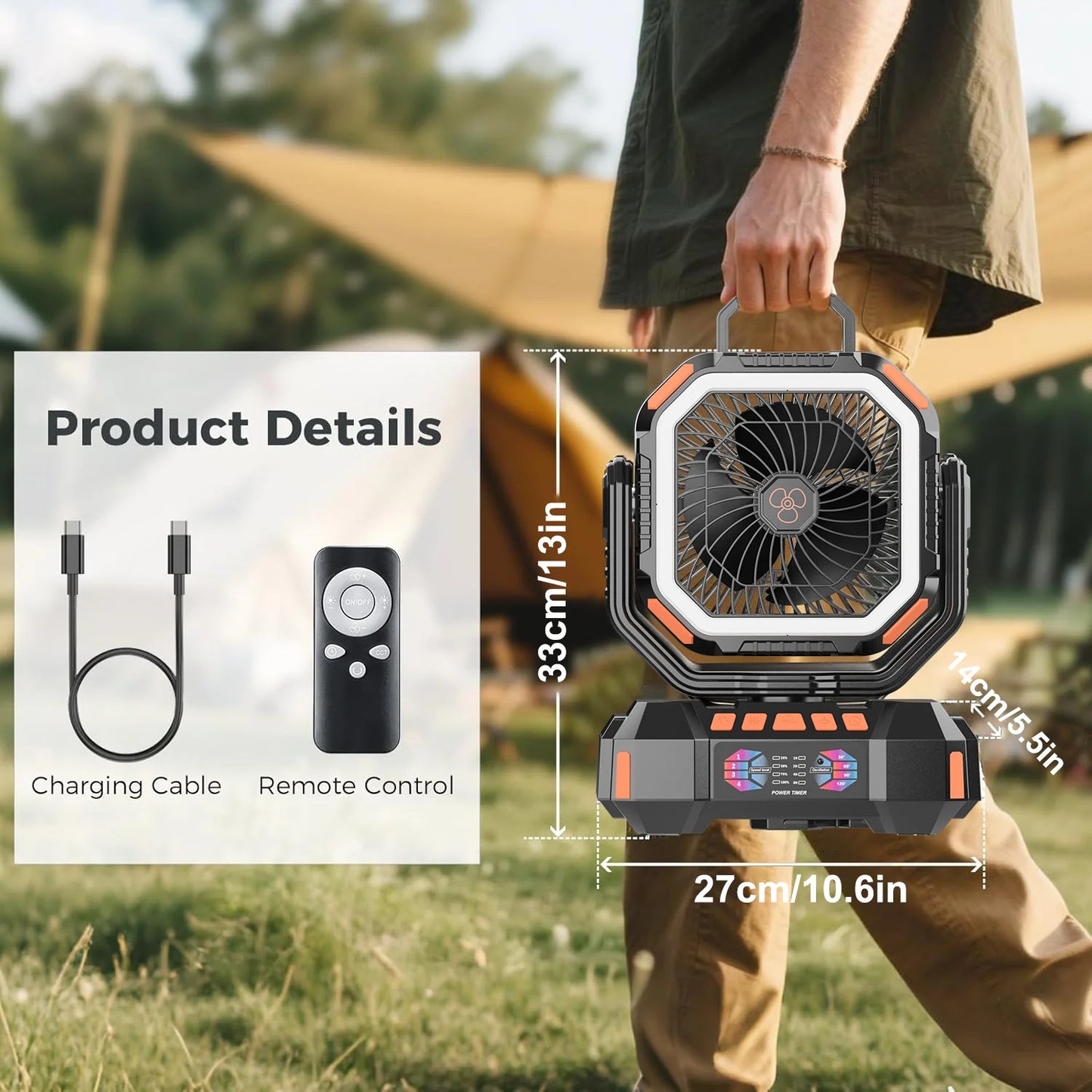Portable Camping Fan Rechargeable 40000mAh Battery Operated Oscillating Fan USB C Battery Powered with LED Lantern, Head Rotation,Timer, Remote Auto, Hook for Tents Travel Outdoor Beach