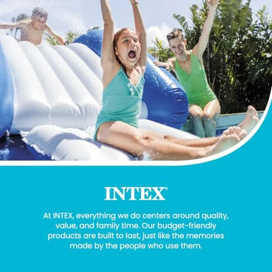 Inflatable water slide pool play center for outdoor use, PVC material, blue color, built-in sprayers for kids and adults aged 6