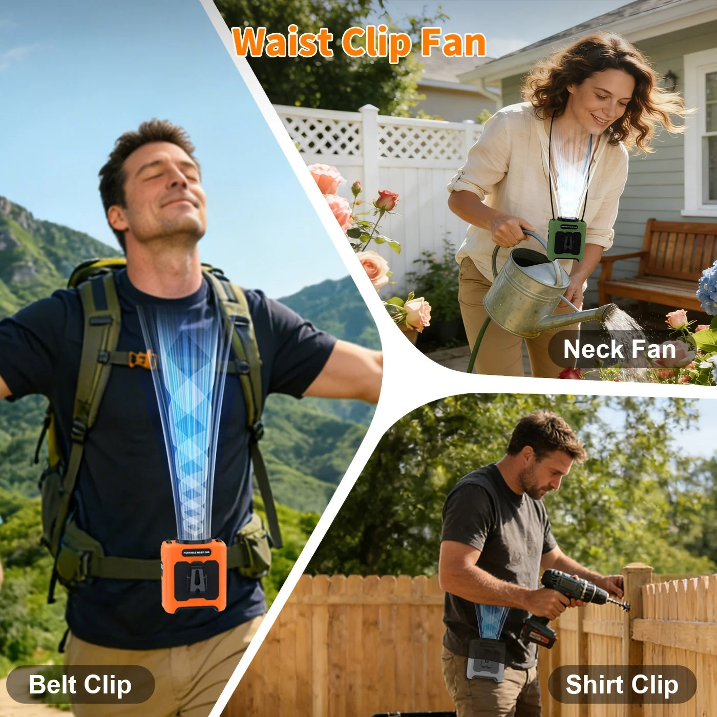 10000mAh Waist Fan Portable Handheld Hanging Neck Fan Ultra-Strong Wind with Phone Charging LED Light