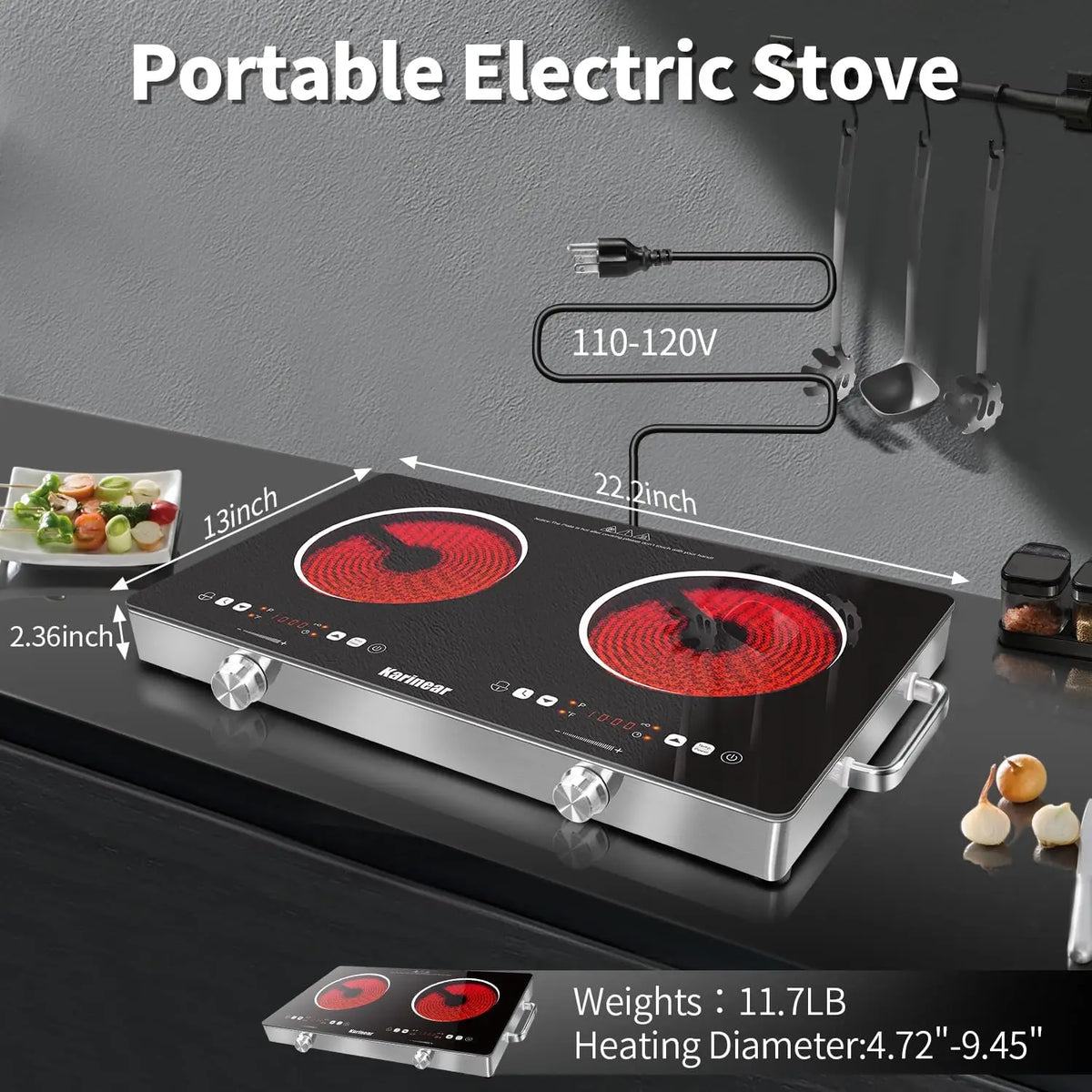Karinear 2-Zone 3200W Electric Ceramic Cooktop – 220–240V Countertop Hob