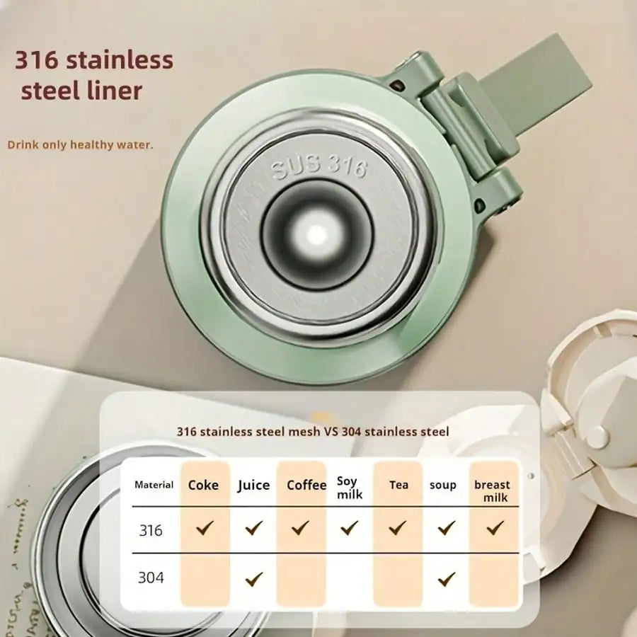 Stainless Steel Vacuum Insulated, Portable Thermal Water Bottle With Cup Lid & Carry Strap