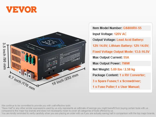 RV Converter 45/55/80Amp 110V AC to 12VDC Battery Charger 4Stage Smart Charging