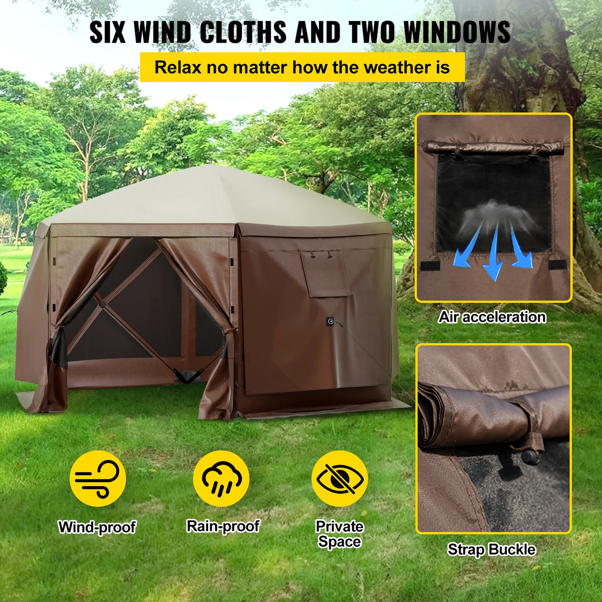 SucceBuy 6-Sided Pop-Up Camping Gazebo – 10' x 10' / 12' x 12'