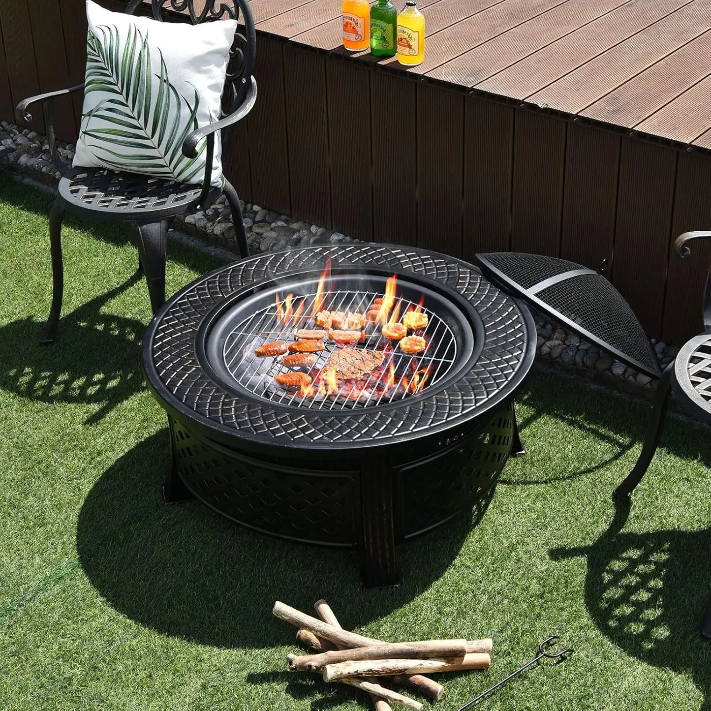 32" 3-in-1 Metal Fire Pit Outdoor Wood Burning Fire Bowl with Cover for Outside Heating Bonfire Picnic Grill, Custom