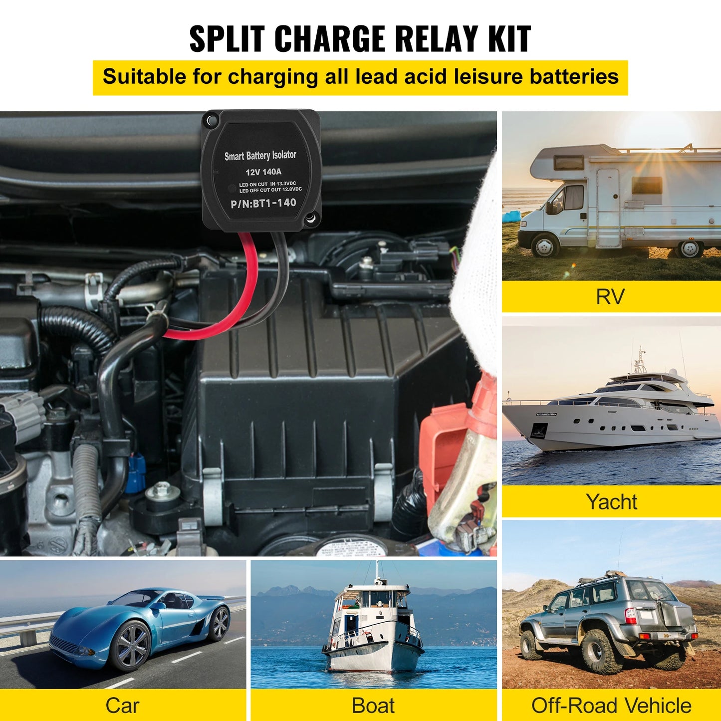 Charge Relay Kit Voltage Sense Relay Professional 12V 140AMP 2/4/5/6 mtr Battery Cable for ATVs UTVs RVs Camping