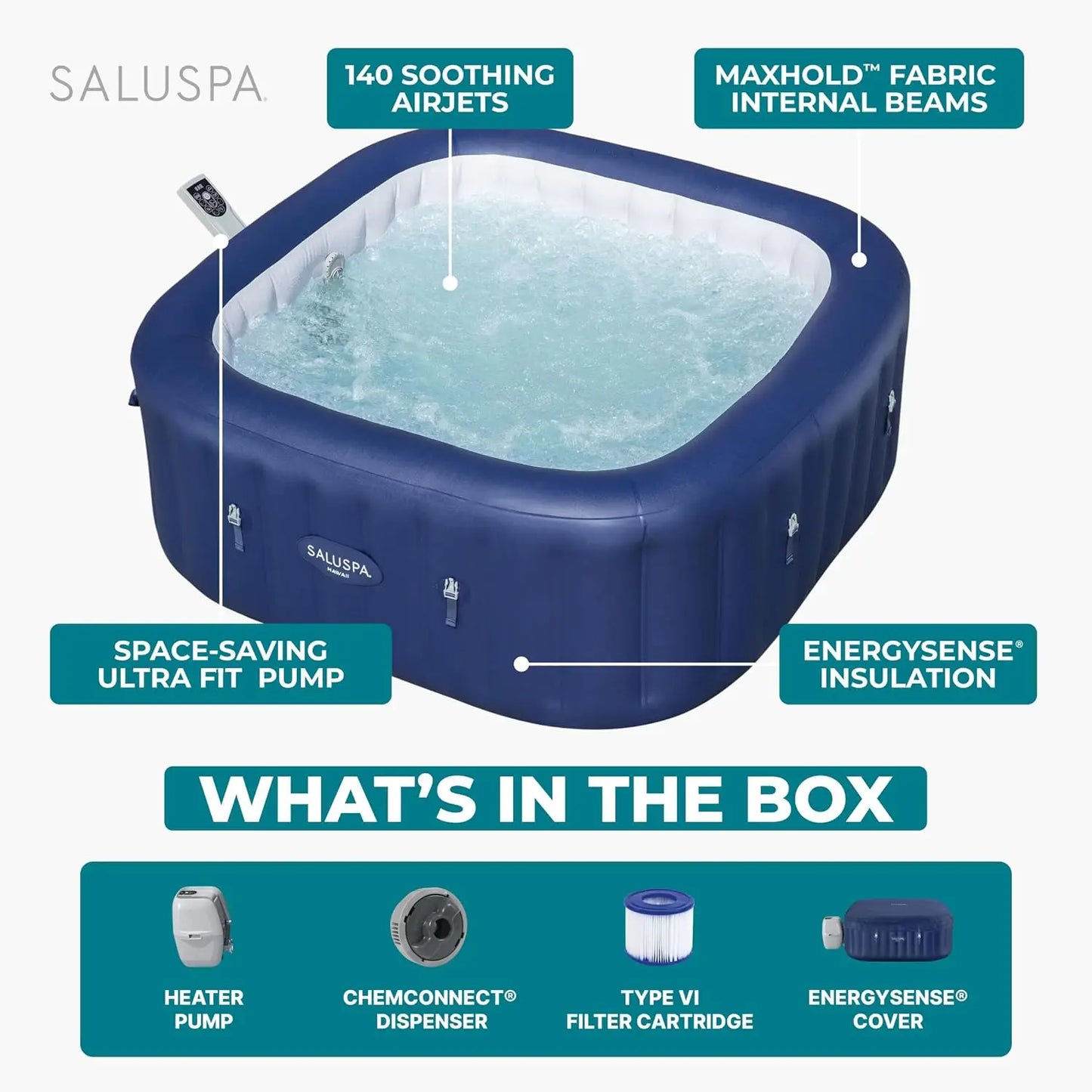 4-6 Person Square Inflatable Hot Tub, Energy Efficient Portable Outdoor Spa with 140 Air Jets, 71in, Custom
