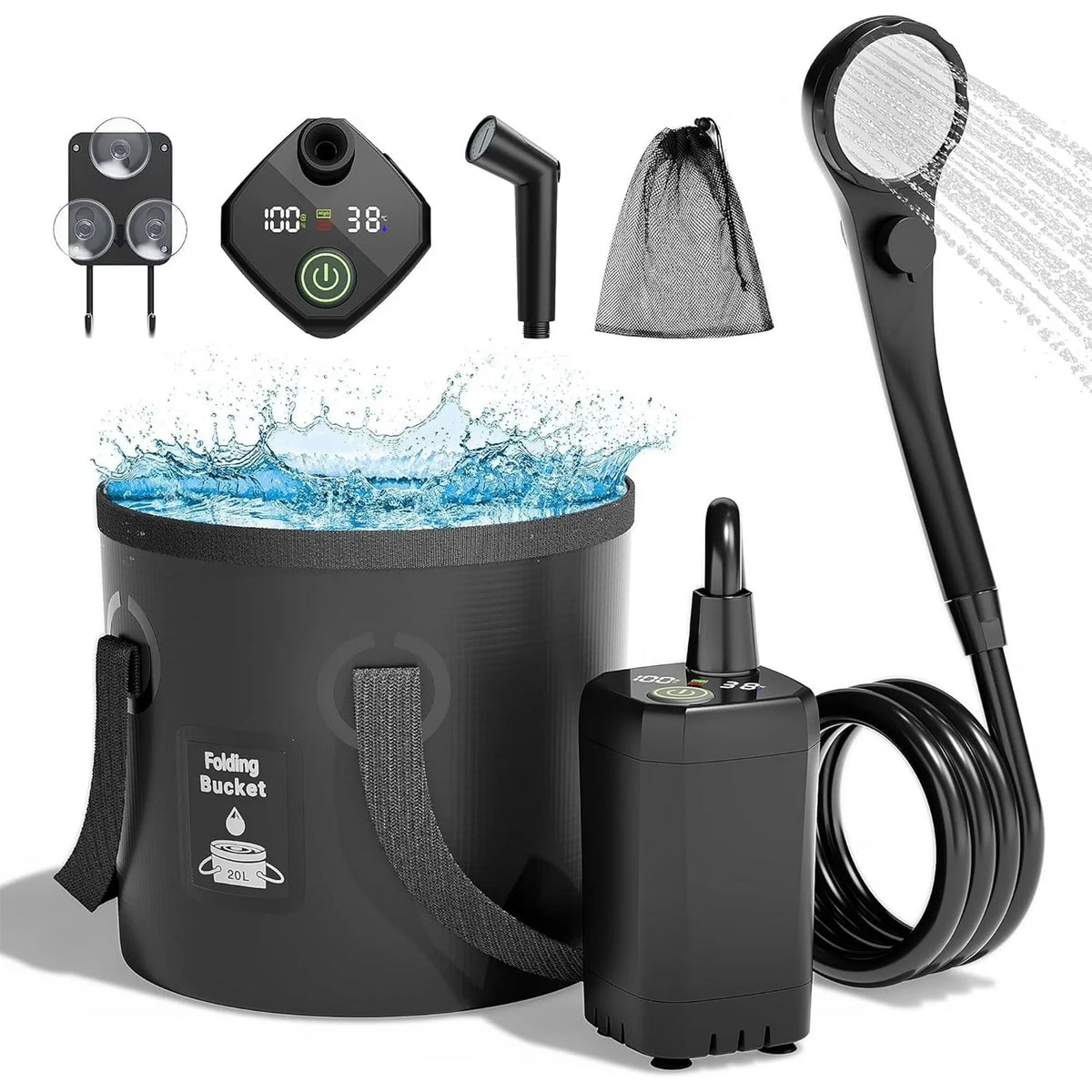 6000mAh Rechargeable Portable Camping Shower with 5-Gallon Bucket