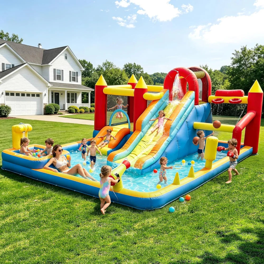 Jump 'n Slide Inflatable Bouncer for Kids with Heavy Duty Blower, Stakes Repair Patches Storage Bag