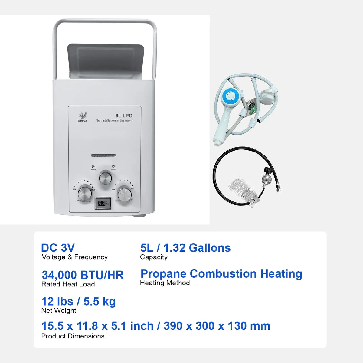 SIHAO 6L Portable Tankless LPG Water Heater – Digital Display for Outdoor Use