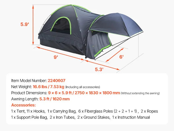 Pickup Truck Bed Tent for Camping Waterproof PU2000 2-3 Person