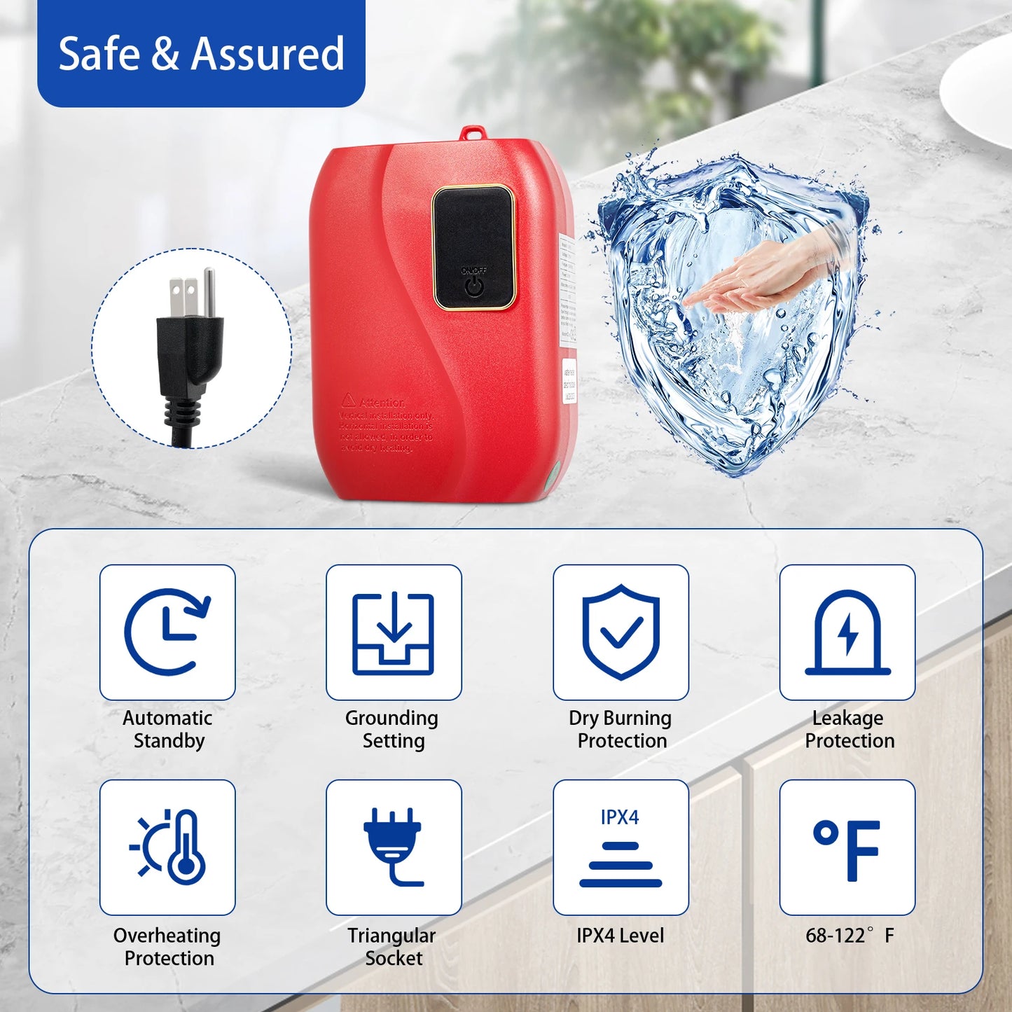 3000W Instant Water Heater 68-122℉ Kitchen