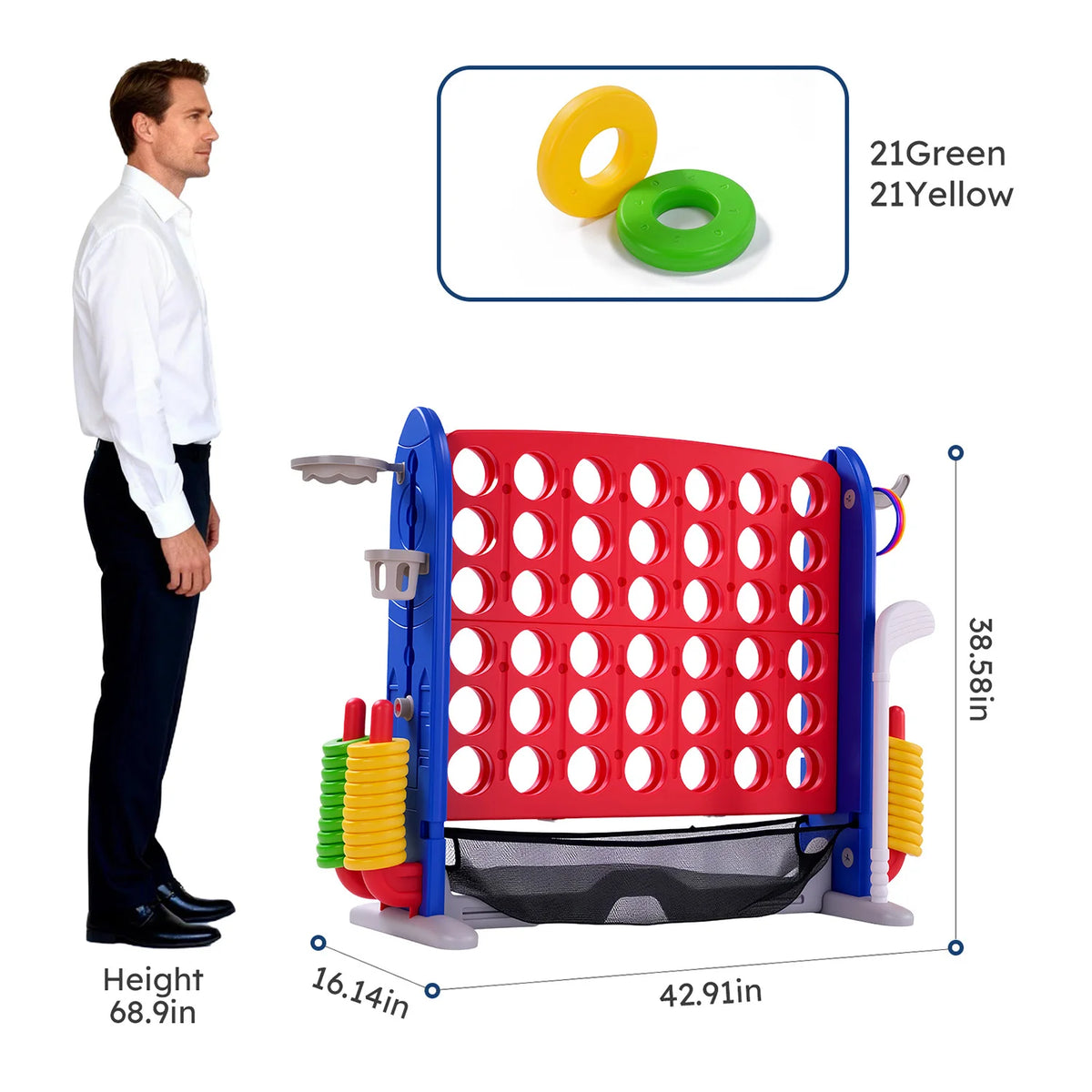4-in-1 Giant Connect Four Yard Game Set with Basketball, Ring Toss & Net