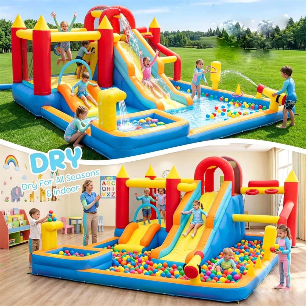Jump 'n Slide Inflatable Bouncer for Kids with Heavy Duty Blower, Stakes Repair Patches Storage Bag