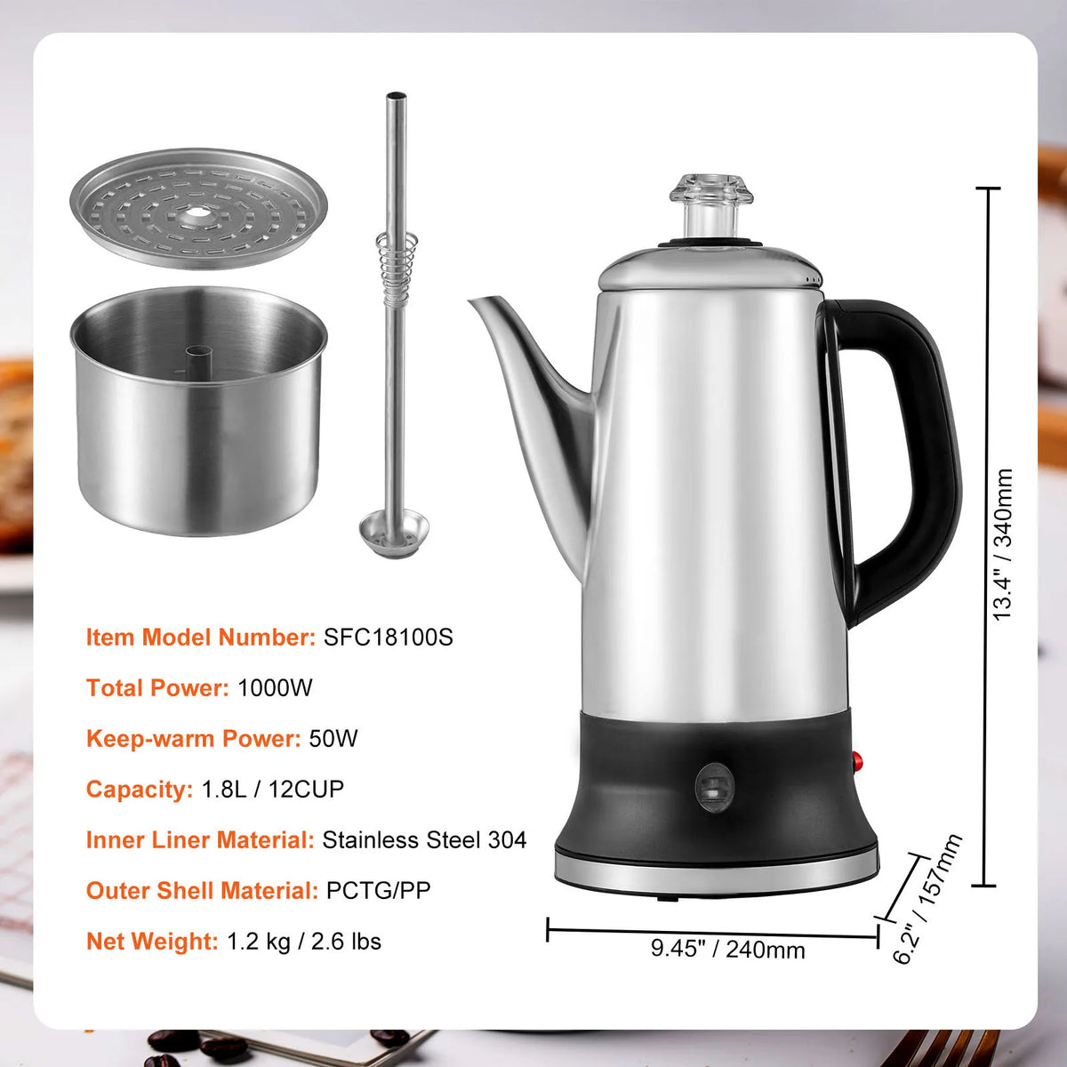 SucceBuy 12-Cup Electric Coffee Percolator – 304 Stainless Steel