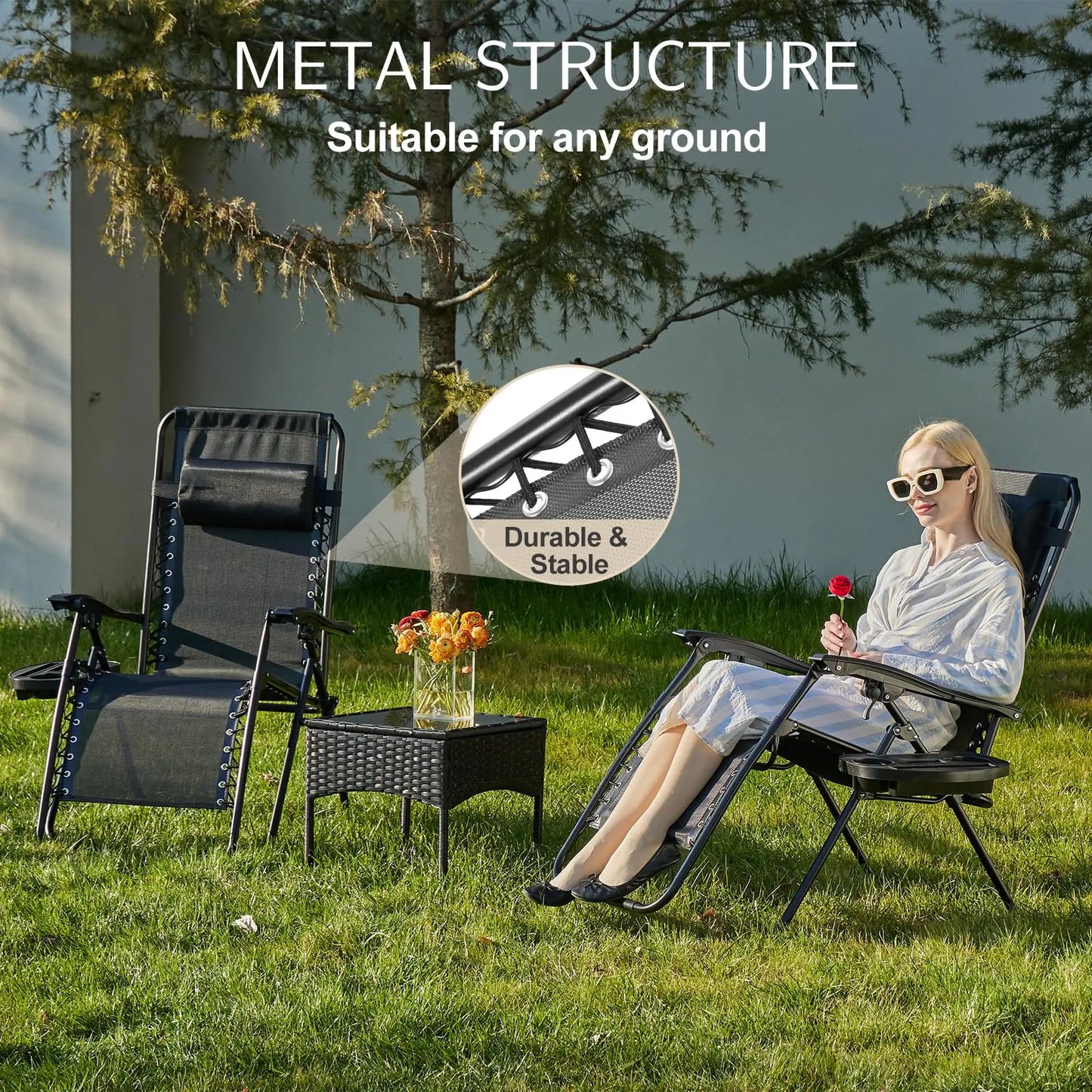 Zero Gravity Portable Recliner Camping Patio Outdoor Garden Lounge Chair with Cup Holder Trays