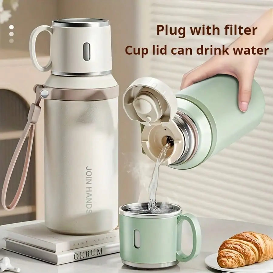 Stainless Steel Vacuum Insulated, Portable Thermal Water Bottle With Cup Lid & Carry Strap