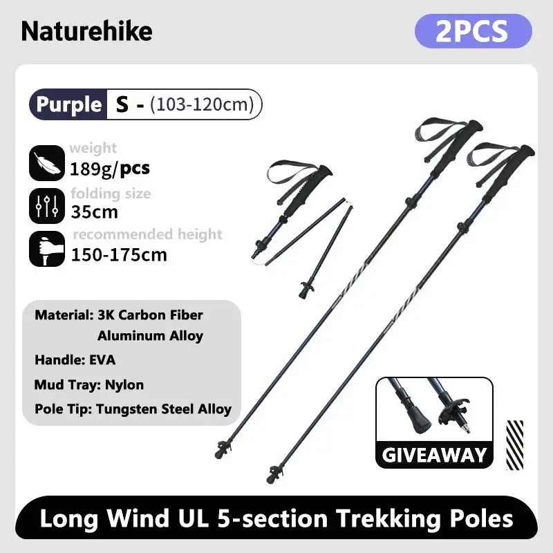 Naturehike Carbon Fiber Trekking Poles 5 Sections Portable Folding Climbing Sticks Outdoor Hiking Collapsible Walking Sticks